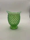 Vtg Fenton Uranium Vase Green Opalescent Hobnail Flared Rim  3.5"