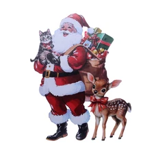 Christmas Vintage Inspired Santa with Deer & Kitty Metal Porch Sign 23 Inch Tall