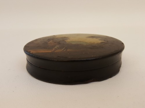 Antike 1870er Jahre feine Pappmaché Schnupftabakdose mit Deckel handbemalt Landschaft 3,5" - Bild 10 von 19
