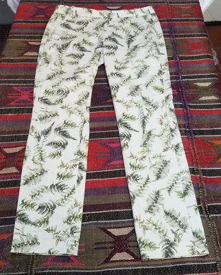 Zara Basic Collection Womens Straight Pants Mid-Rise Green Leaf Print White 38 