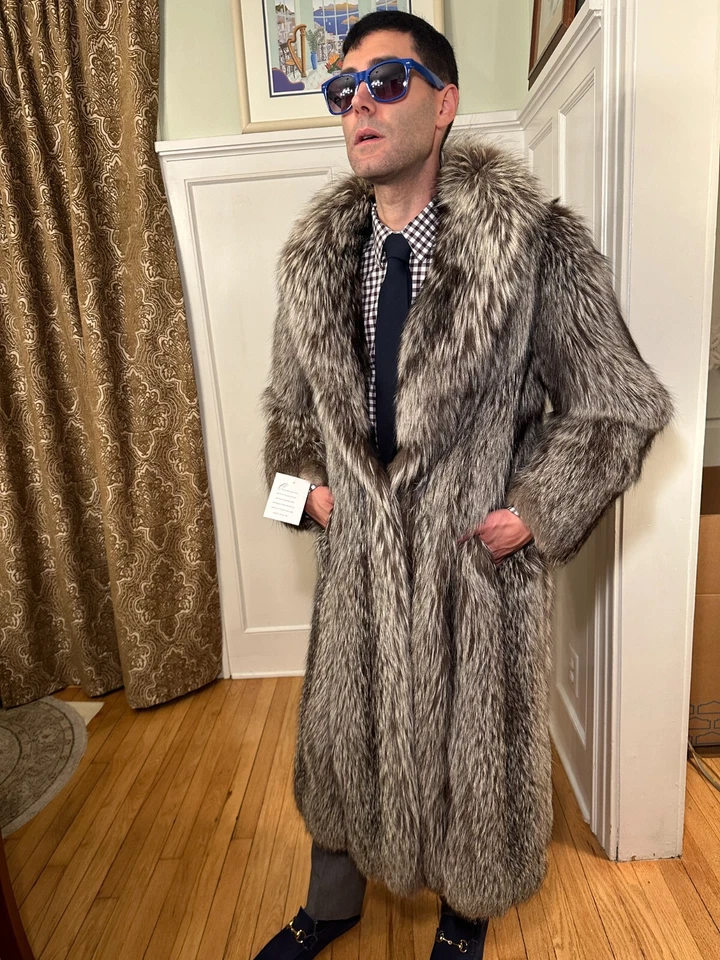 New! 45" Long Mens Gray Silver Fox Real Fur Jacket Car Coat Size 36R Extra Small - Image 2 of 4