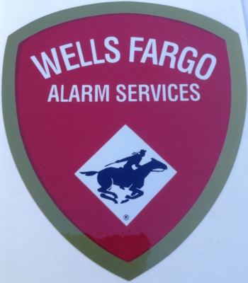 VINTAGE WELLS FARGO ALARM SERVICES STICKER Large Dbl Sided SCARCE 4 X 4 3/4''