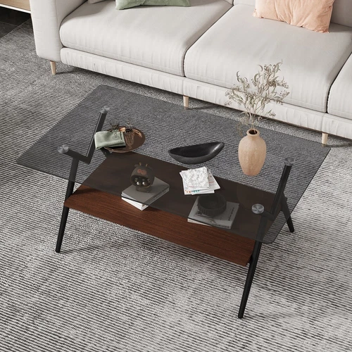 Modern Rectangle Coffee Table Tempered Glass top Brown MDF Shelf Table - Picture 3 of 10