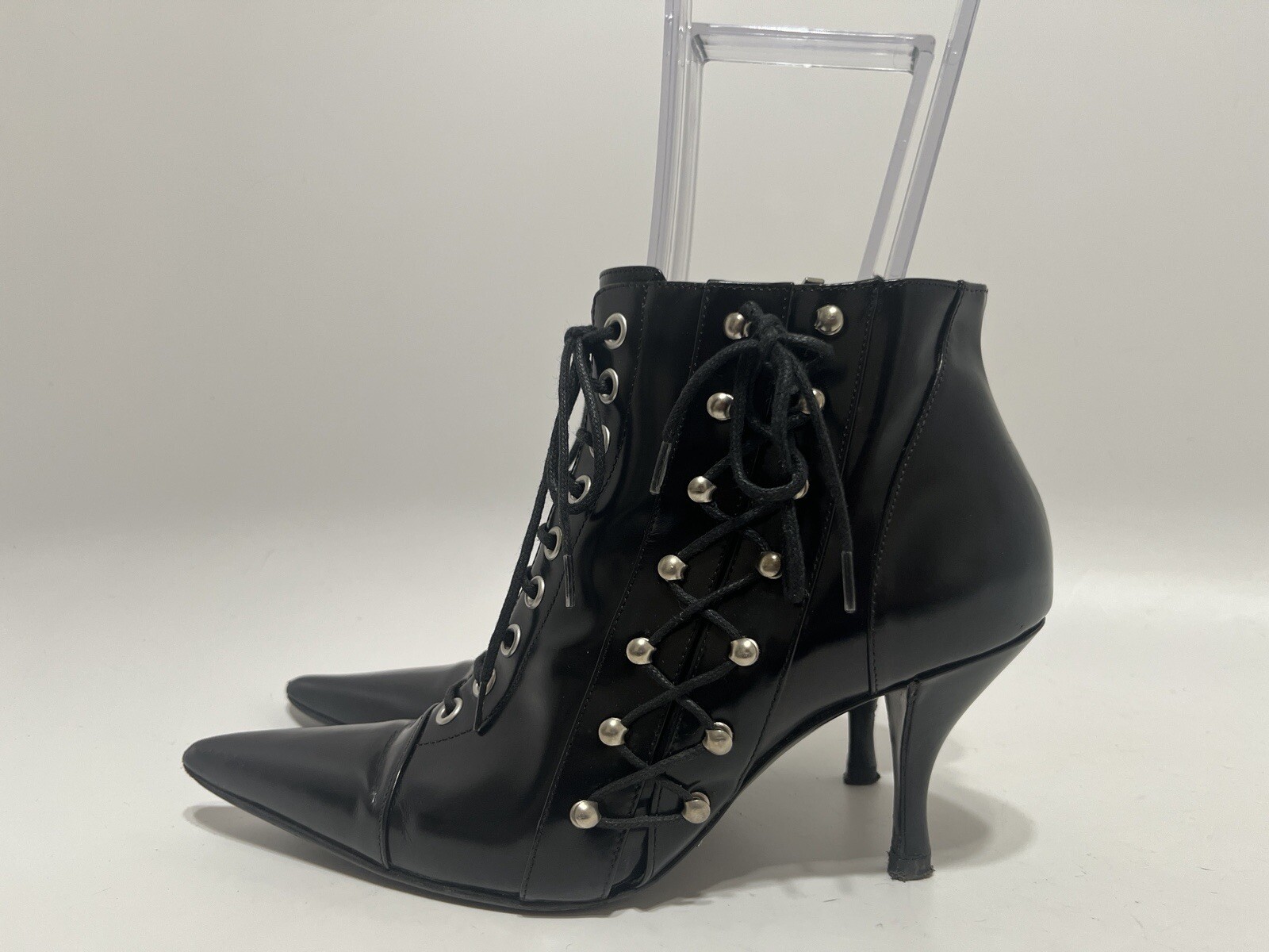 Vtg DOLCE & GABBANA EARLY 00s GLOSSY LEATHER LACE UP BOOTS 36.5