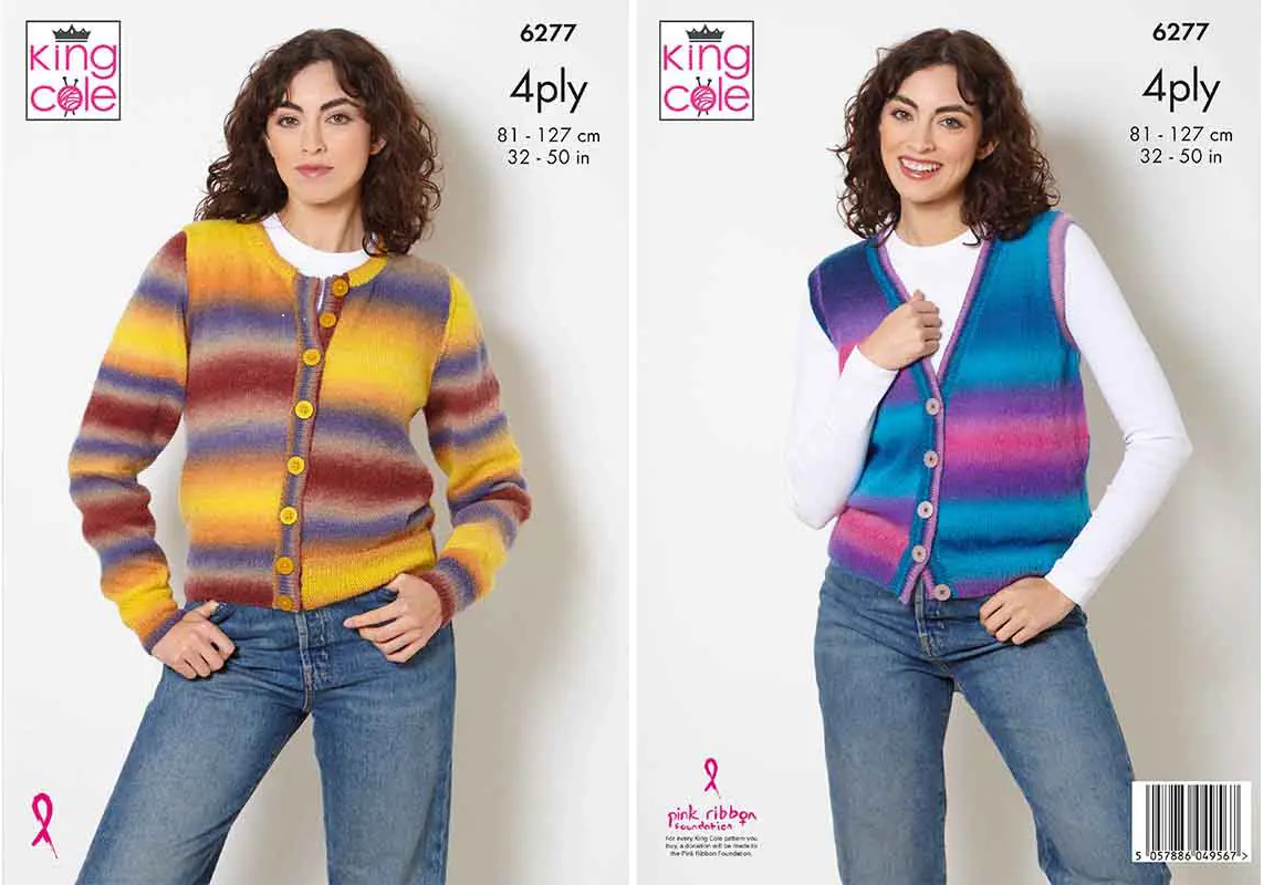 King Cole 4 Ply Knitting Pattern - 6277 Ladies Cardgan & Waistcoat (2 Designs)