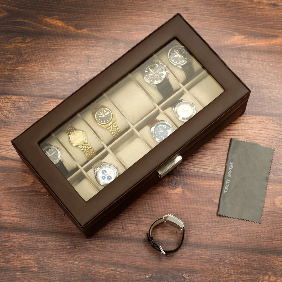 Watch Box Brown Leather For 12 Watches Extra Large XL Compartments Glass Lid - Image 4 of 4