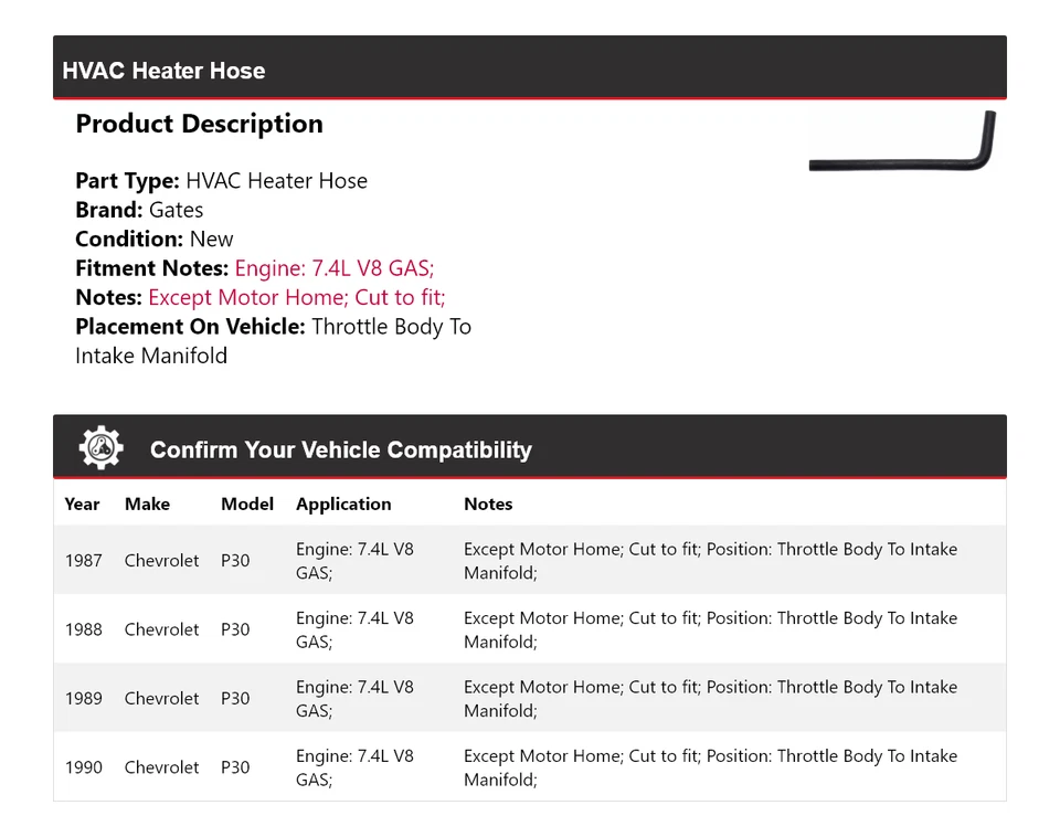 For 1987-1990 Chevrolet P30 HVAC Heater Hose Gates 1988 1989 - Image 2 of 4