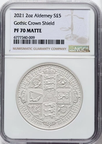 2021 Alderney - Gothic Crown Shield 2 oz £5 - NGC PF70 MATTE - Silver Coin Numis