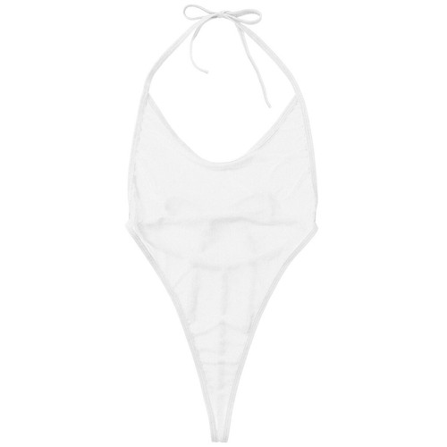 UK Women One Piece Monokini Swimwear Sheer Mesh Halter Backless High Cut Leotard - Picture 6 of 76