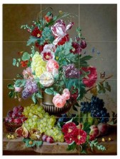 Tile Mural Flower Fruit A. Kaercher Plums Kitchen Wall Backsplash Marble Ceramic