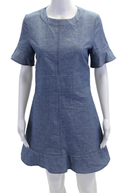 Proenza Schouler Womens Cotton Ruffle Hem Short Sleeve Mini Dress Blue Size 4