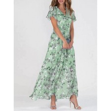 Beach long skirt chiffon floral short sleeved ruffle V-neck waist cinched dress-