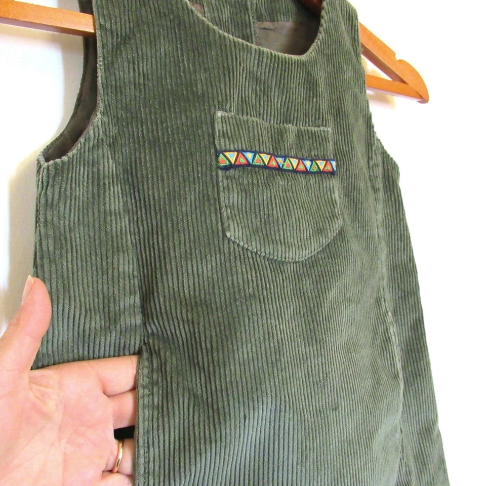 Vestido Chicco Vintage Niñas 3T Verde Algodón Pana Bolsillos Azteca Línea A Cómodo Foto 3 de 4