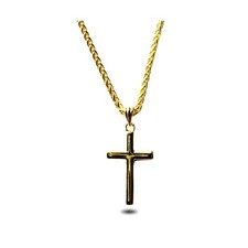 14K Solid Gold Small Cross Pendant Necklace with 2mm Wheat Chain for Men, Wom...
