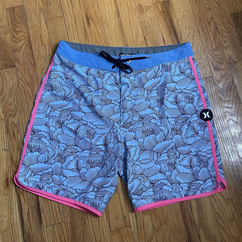 Hurley Mens Shorts Size 32 Board Shorts Swim Trunks Blue Pink Multicolor Pocket