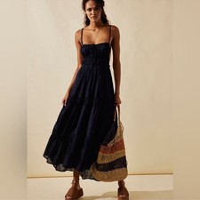 NEW Free People Taking Sides Tiered Cotton Maxi summer Dress Black sz L