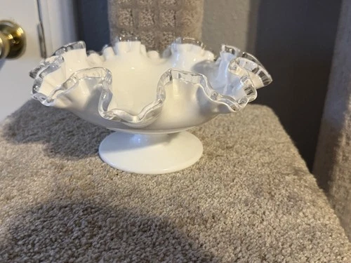 Vintage Fenton Silver Crest Candy Dish (Ruffled Clear Edge on White Milk Glass)