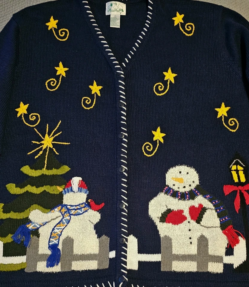 Cárdigan De Colección QUACKER FACTORY Talla 2X Muñeco de Nieve/Estrella Fugaz, Azul Foto 3 de 4