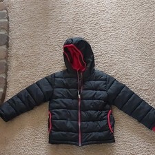 Faded Glory Kids Puffer Jacket Black Red Hooded Size 6-7 Polyester Full Zip