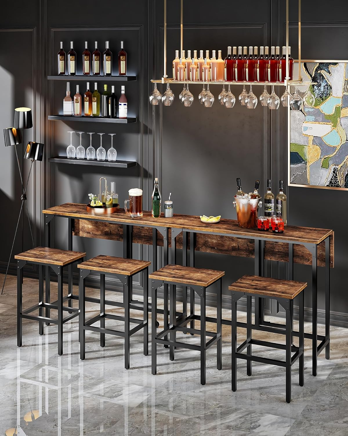 Bar Table and Stool Set, 39.4'' Folding Dining Table with 2 Stools, Industrial S