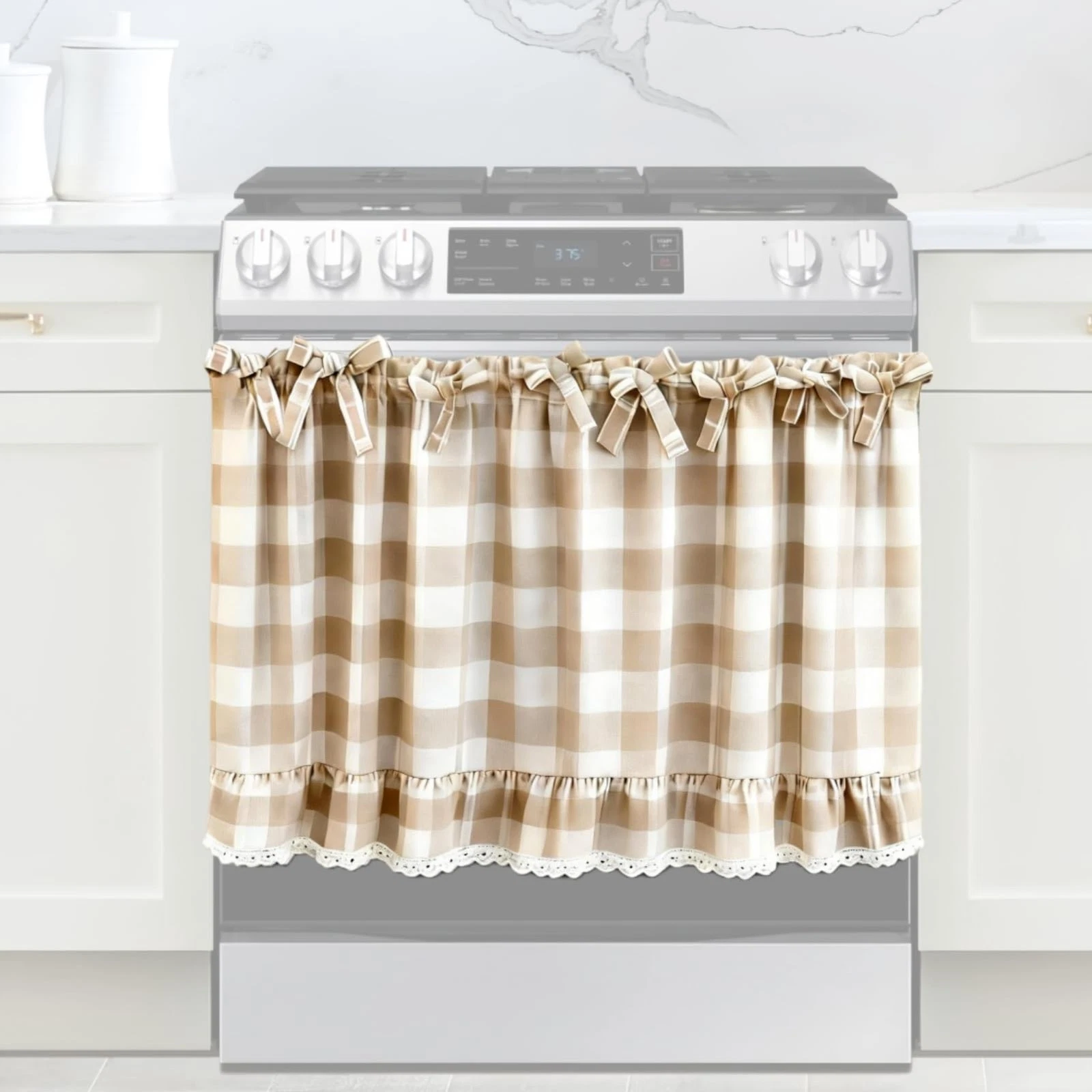 Beige and White Check Oven Skirt for Farmhouse Kitchen Decor, Cotton Blend St...