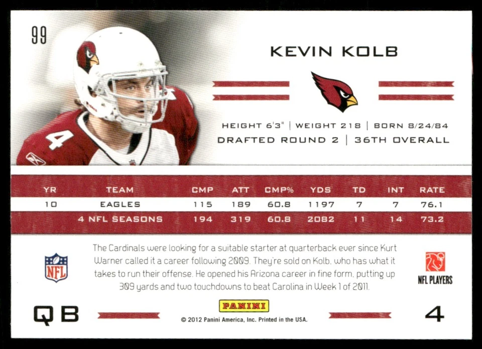 2011 Panini Totally Certified Kevin Kolb #99 *A* - Image 2 of 2