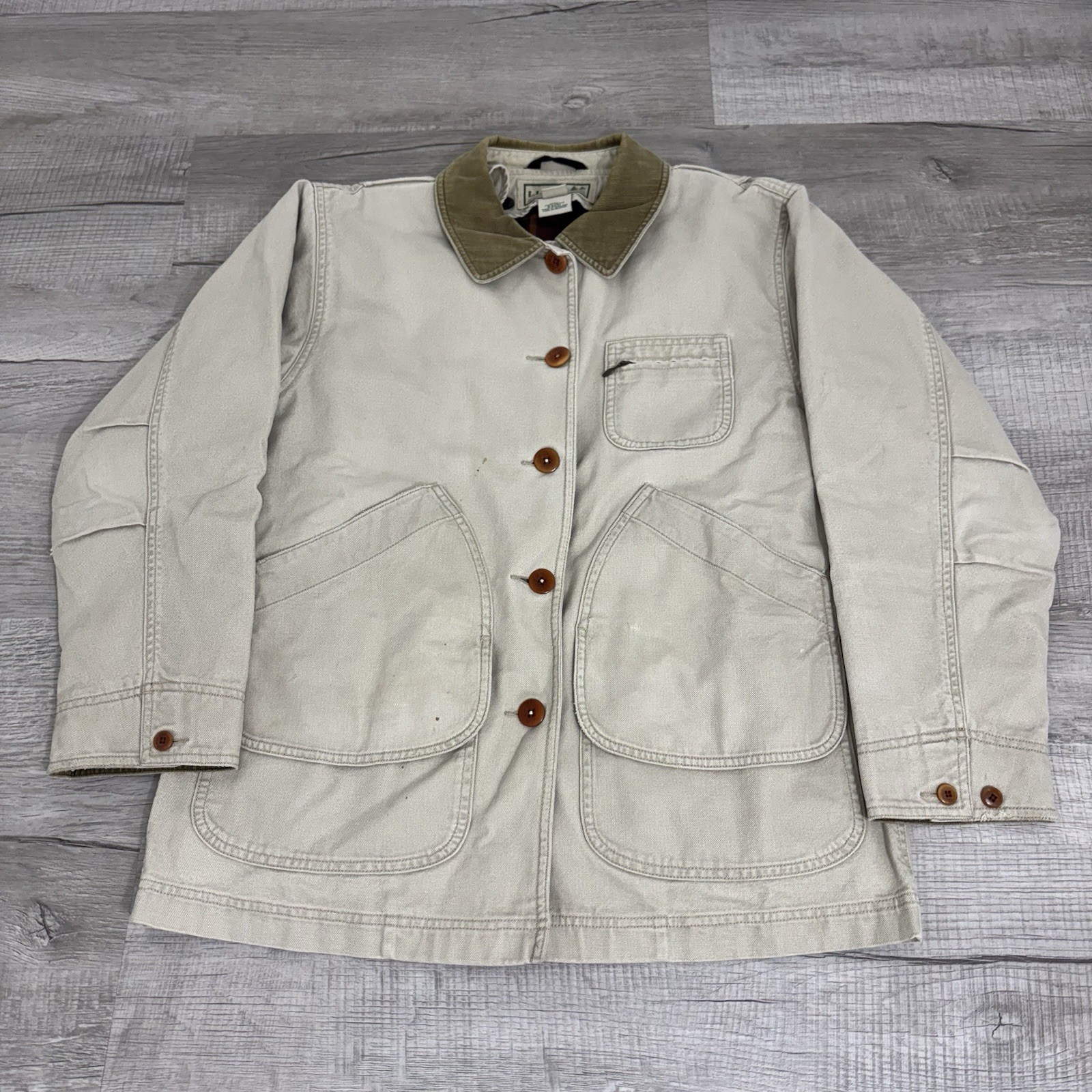 Vintage L.L. Bean Tan Flannel Lined Button Up Barn Chore Coat Womens Small
