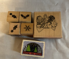 Lot de timbres en caoutchouc montés sur bois Noël vacances - houx flocon de neige paix sur terre
