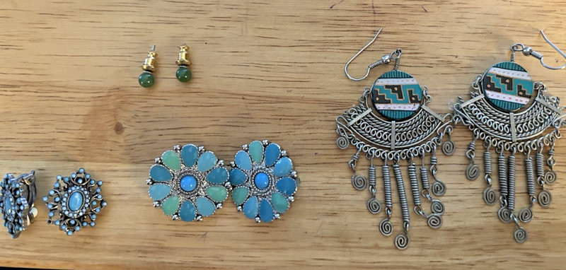 Lot (4) Vintage Earrings:Turquoise, Hand-painted Navajo Wireworks, Jade(?)