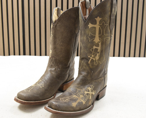 Corral Ladies Brown Beige Side Cross Embroidery Sq. Toe Leather Boot L5042 8M