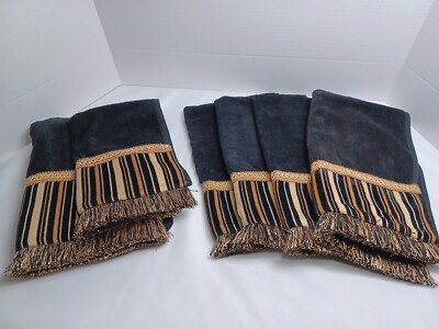 Sherry Kline PCHF Embellished Bath Towel 6 Pc Set Black Gold Stripe Fringe NEW