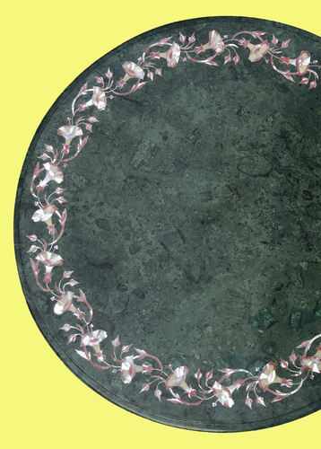 30" Luxury Round Green Marble Cafeteria Coffee Table with Mop Floral Inlay Decor - Picture 3 of 8