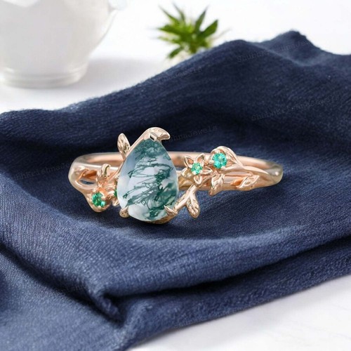 14k Rose Gold 7x5 mm Pear Cut Moss Agate Twig Leaf Women Wedding Gift Ring - Picture 3 of 10