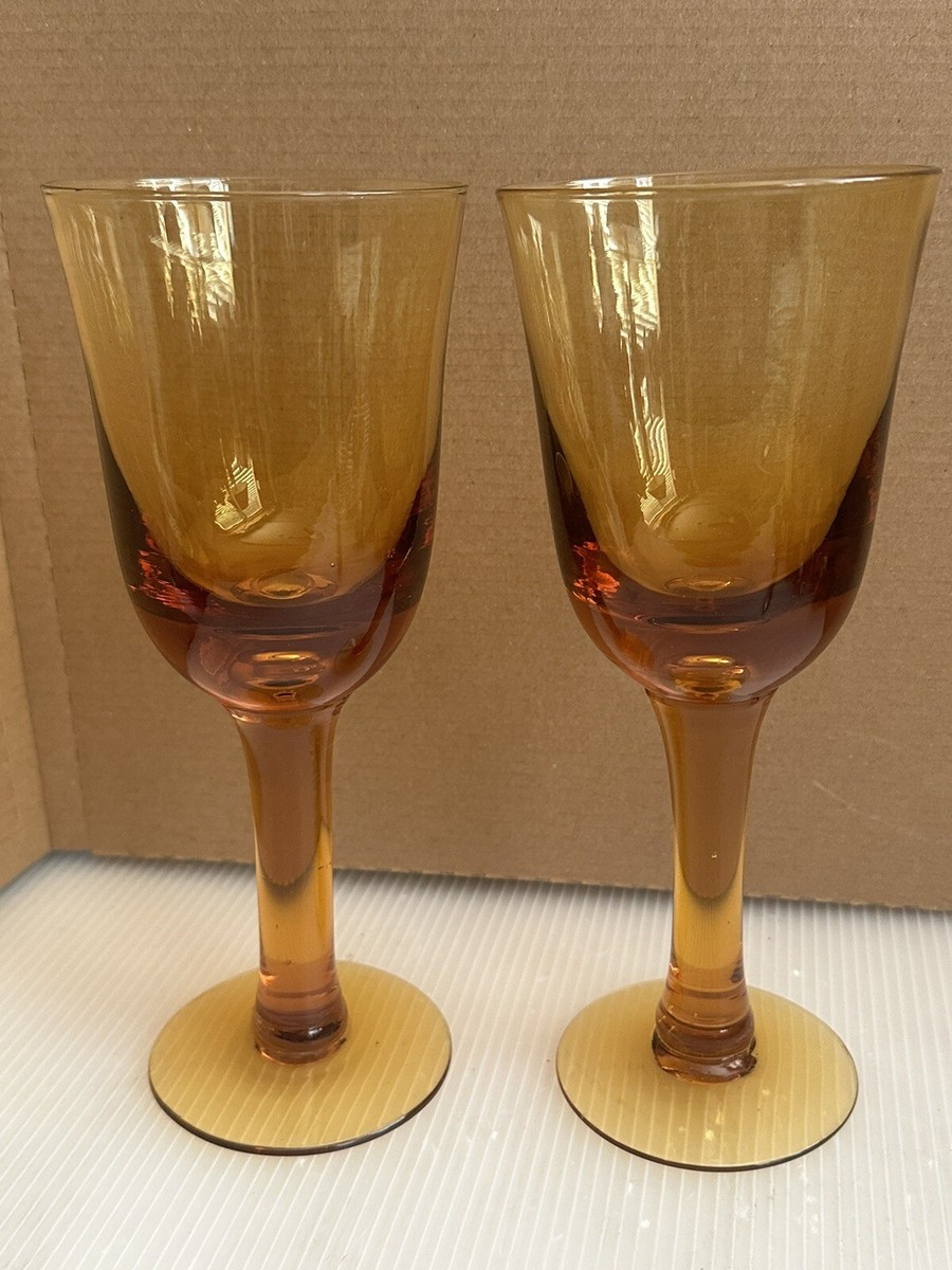 VINTAGE HONEY AMBER WINE GLASSES SET OF TWO TALL PEDESTAL | eBay