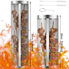 BBQ Round Rolling Grill Basket Stainless Steel Net Tube Portable Barbecue Rack