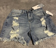 Almost Famous Super High Rise Distressed Dark Wash Denim Shorts Size 3 NWT