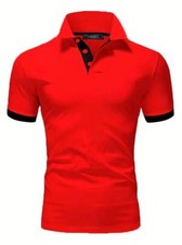 Camisetas tipo polo cuello abotonado color rojo liso ribete negro golf hombres