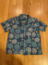 Barefoot In Paradise Blue Palm Leaves Print Hawaiian Shirt Men's Size LARGE