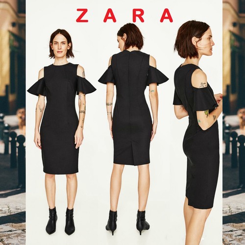 ZARA Black Tube Dress Knee Length Short Frilled Sleeve New Dress Sizes: S; M - Picture 1 of 11