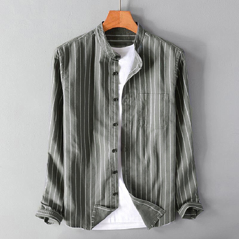Mens Long Sleeve Retro Striped Shirt Collarless Grandad
