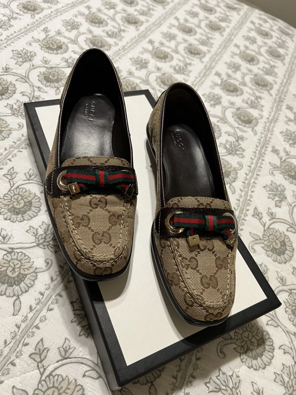 MOCASSINS GUCCI TOILE GG MARRON AVEC ACCENT NOEUD TAILLE 34,5 EU / 4,5 US VENTE AU DÉTAIL