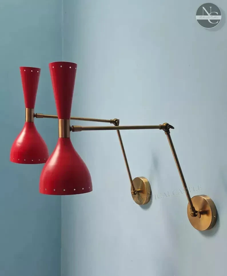 1950's Mid Century Plug In Wall Sconce Pair Long Arm Matte Red