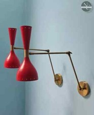 1950's Mid Century Plug In Wall Sconce Pair Long Arm Matte Red Brass Sconce