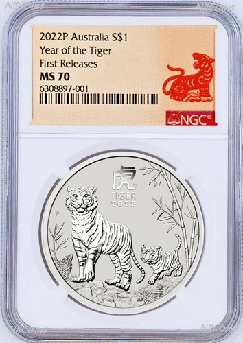 2022 Australia .9999 Bullion Silver Lunar Year of the Tiger NGC MS70 1oz $1 Coin