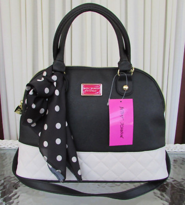 Betsey Johnson Scarf Dome Satchel Crossbody Bag Black Cream Large NWT
