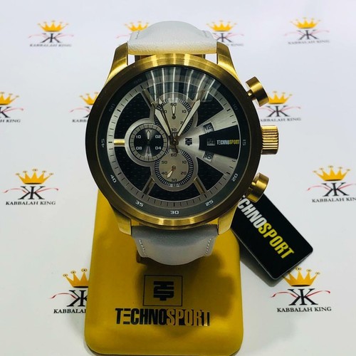TechnoSport Gold Ion Stainless Steel Large Dial Chronograph White Leather Watch - Picture 10 of 12