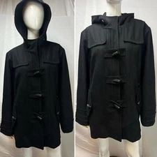 Buffalo Women's Plus 3X Black Hooded Toggle Wool Blend Overcoat Jacket Pea Coat