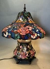 Vintage Tiffany Inspired Floral Leaded Glass Table Lamp with Birds