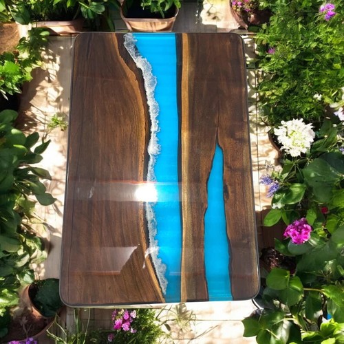 Elegance Epoxy Blue Resin Dining Table Top Live Edge Acacia Dark Wood Mid Decor