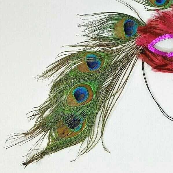 Halloween Fuchsia Feather Pink Sequins With Peacock Feathers Mardi Gras Masks - Image 4 of 4